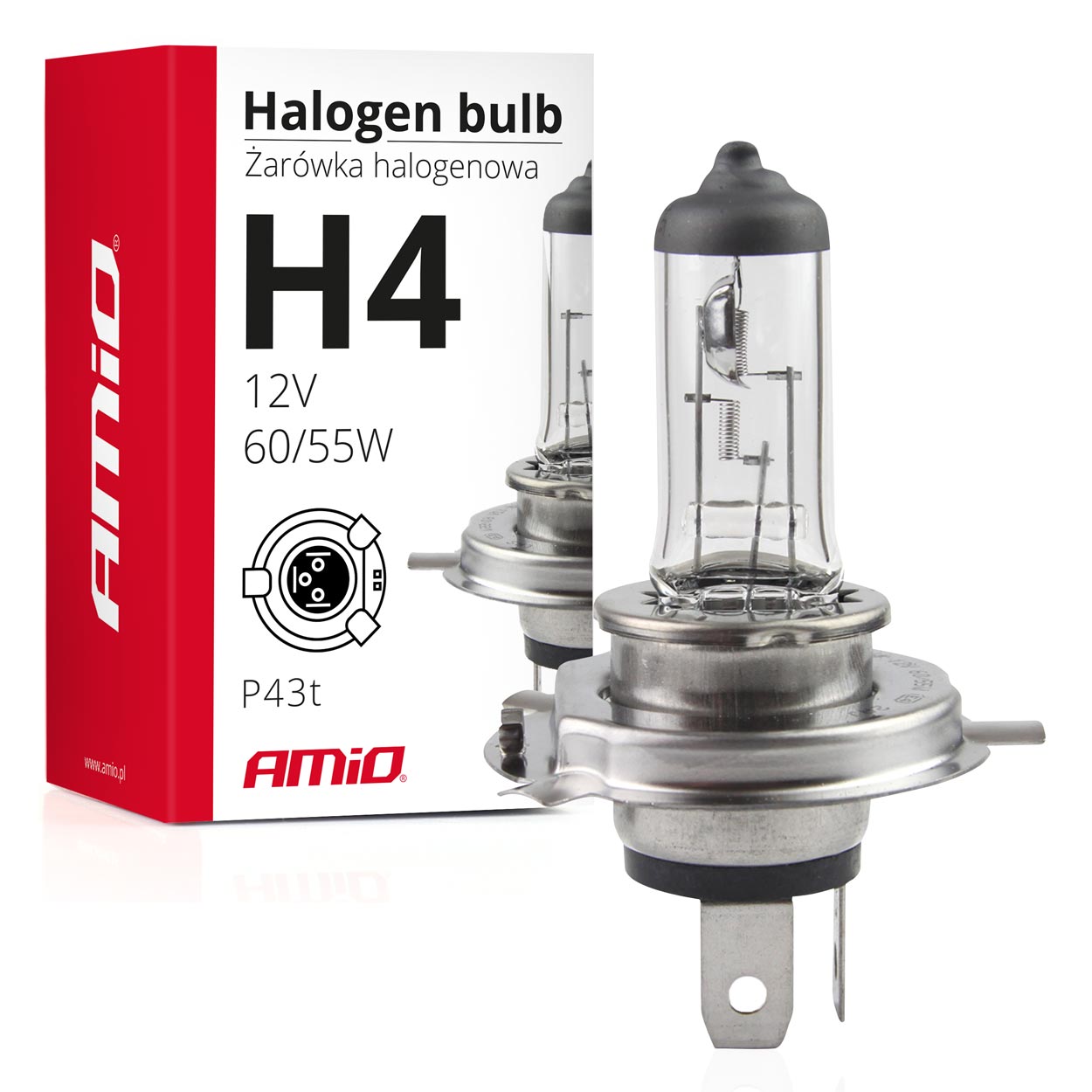 Żarówka halogenowa H4 12V 60/55W filtr UV (E8) AMIO-01268 