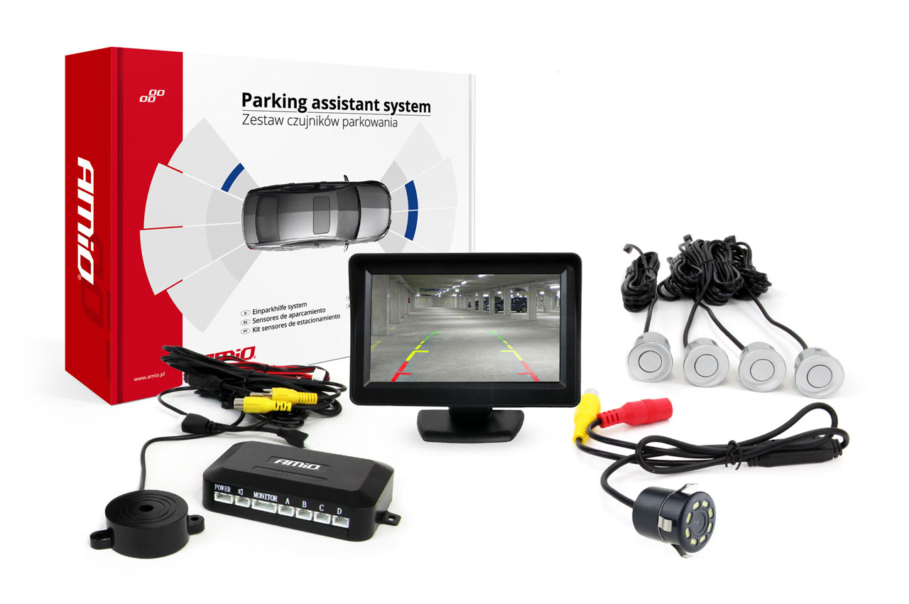 Zestaw czujników parkowania TFT01 4,3 z kamerą HD-308-LED 4 sensory srebrne 