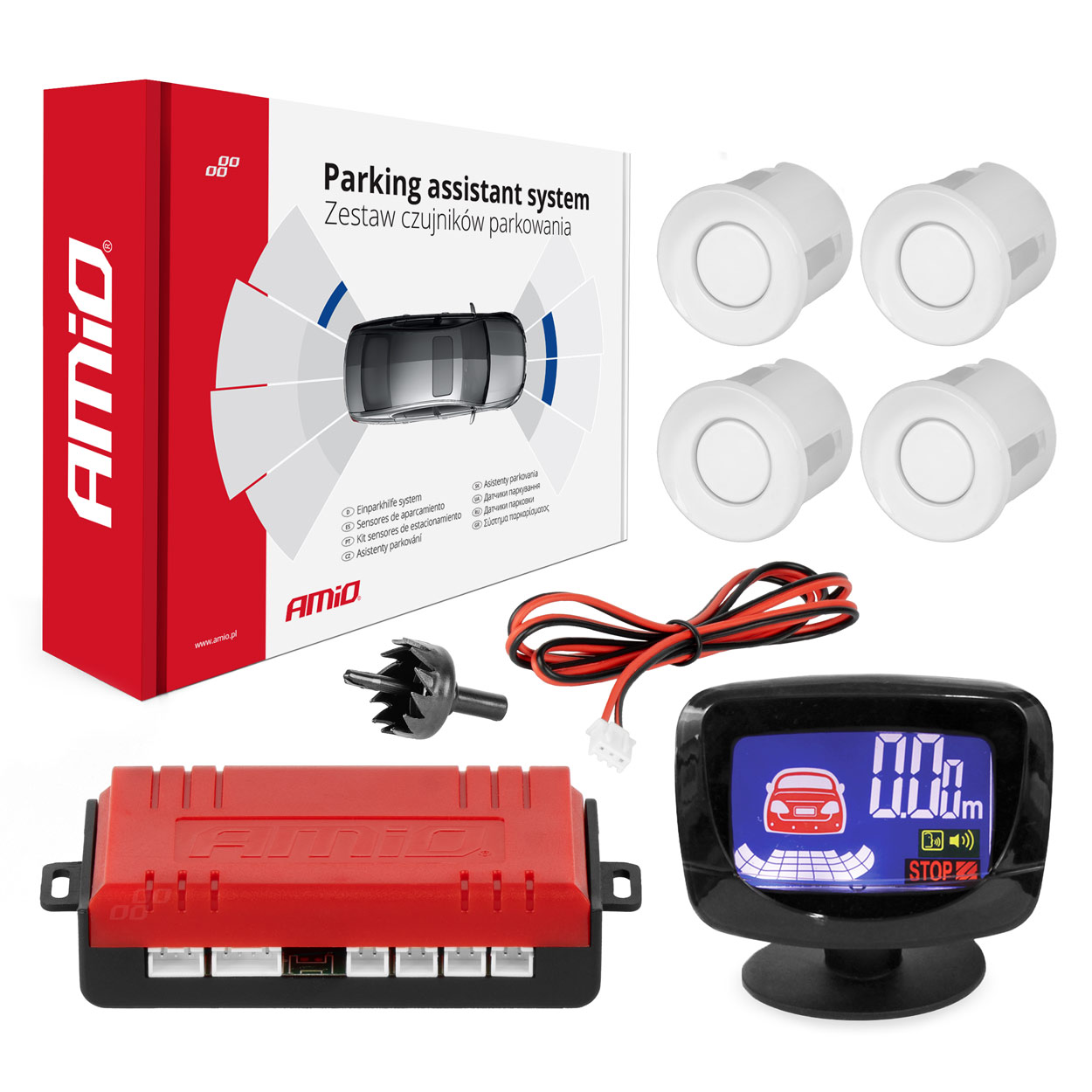 Zestaw czujników parkowania czujniki cofania LED GRAF 4 sensory białe AMIO-01563 