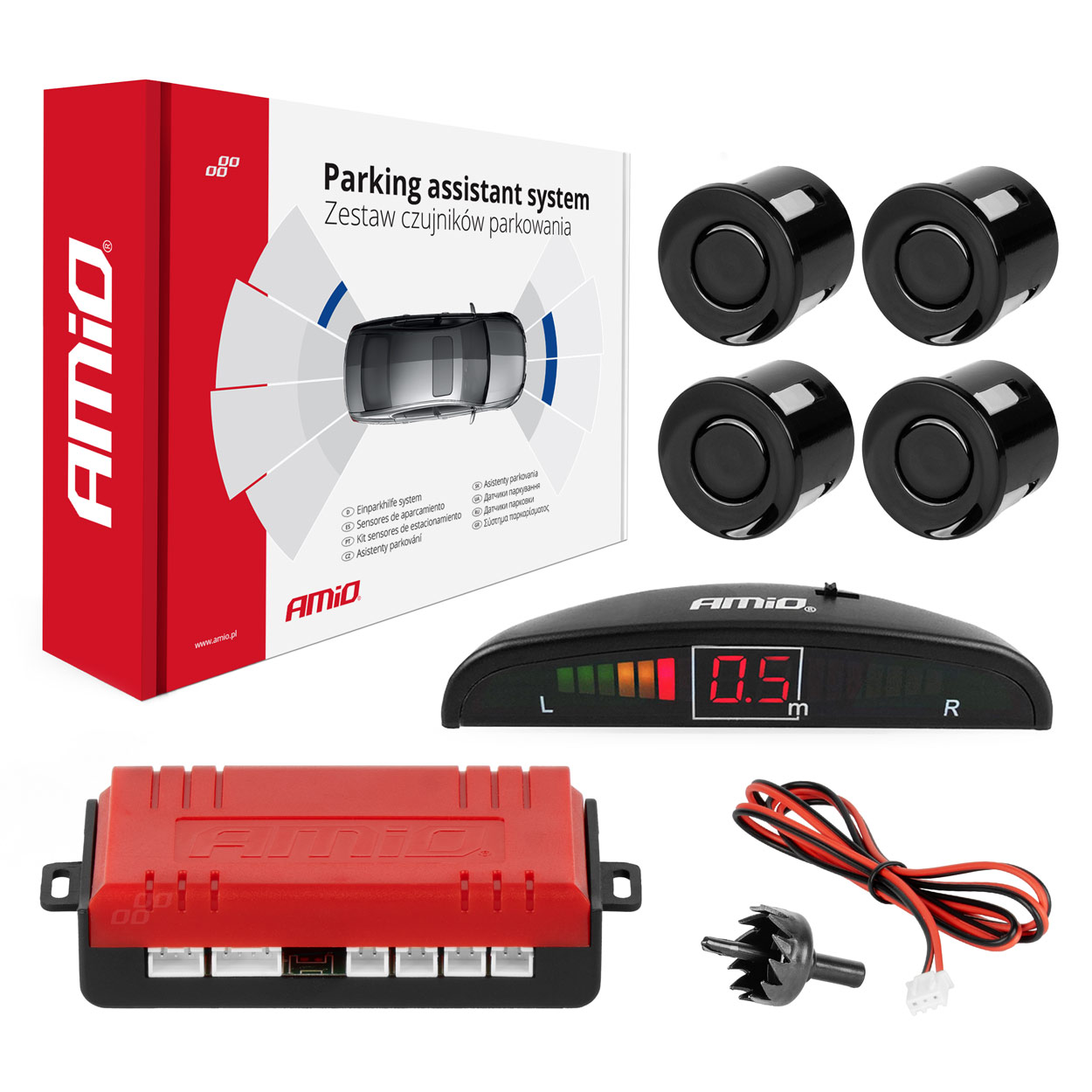 Zestaw czujników parkowania cofania LED 4 sensory czarne AMIO-01565 