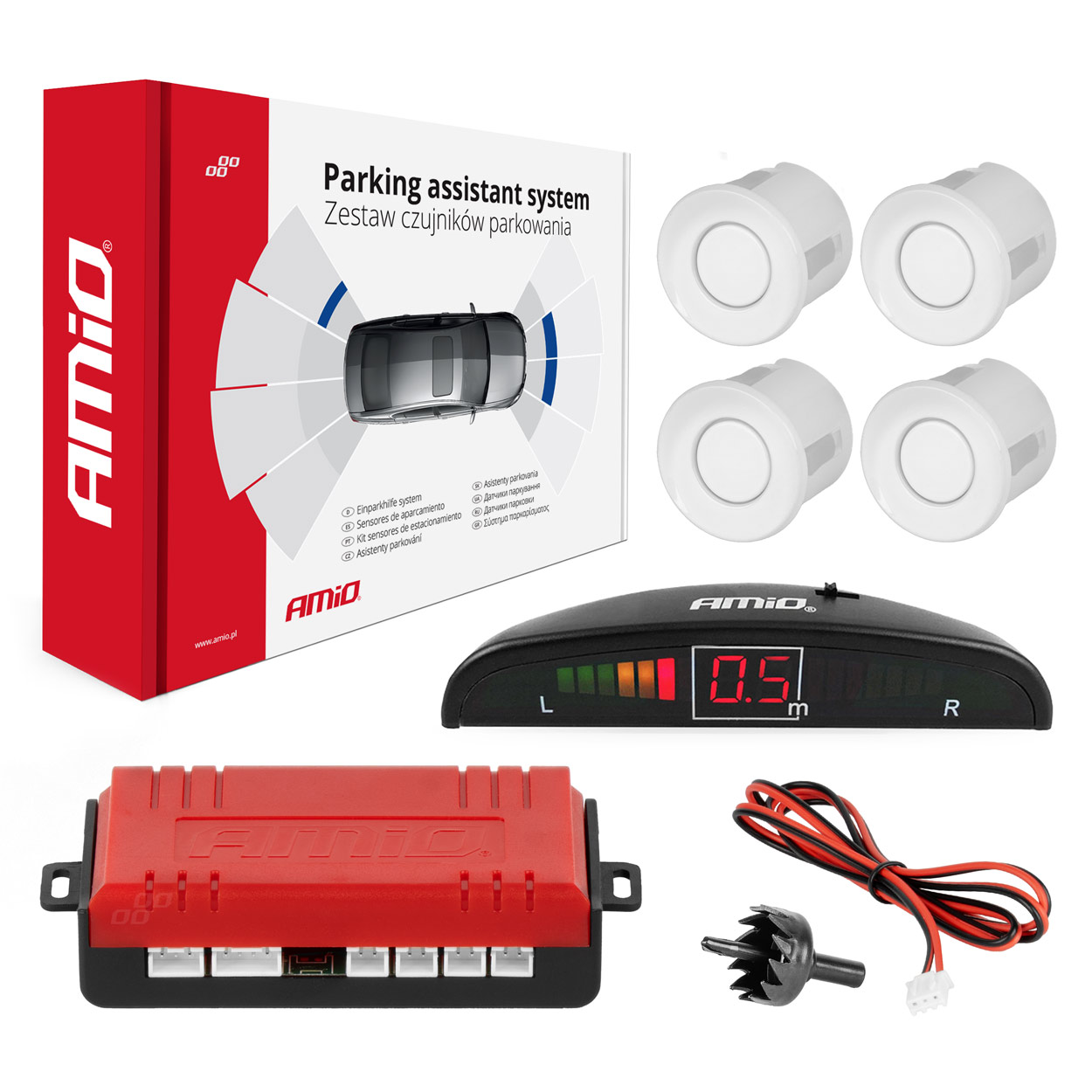 Zestaw czujników parkowania cofania LED 4 sensory białe AMIO-01566 