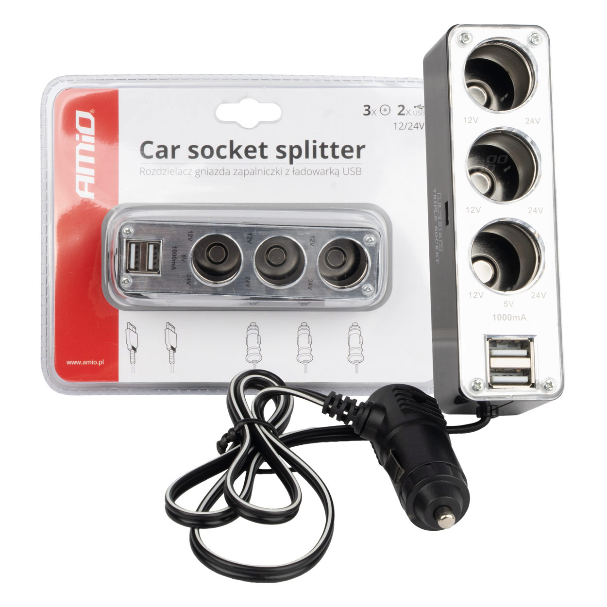 Rozgałęźnik rozgałęziacz zapalniczki SOC3 3+1 USB AMIO-01706 