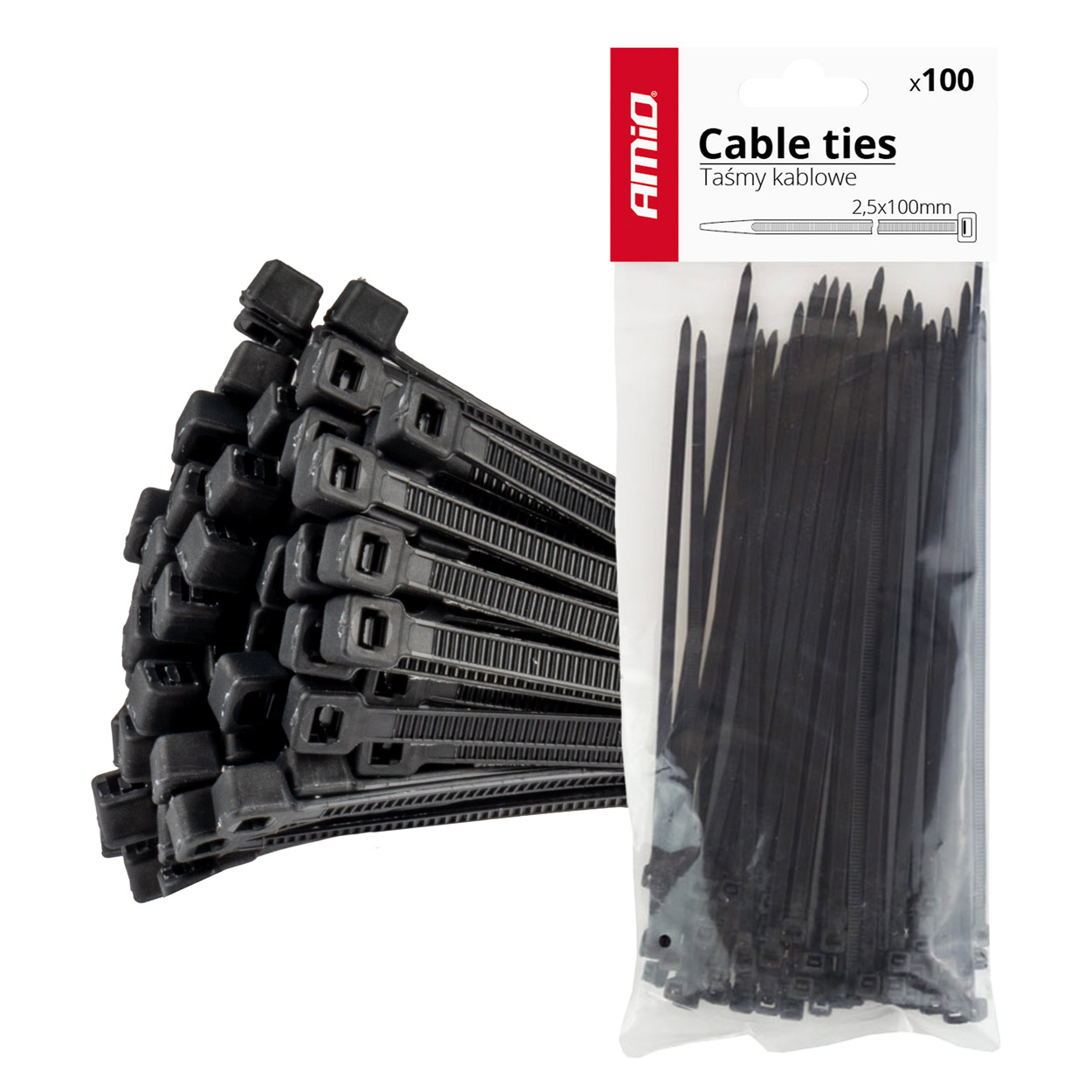 Taśmy opaski zaciskowe kablowe czarne 2,5x100mm - 100 szt. AMIO-02150 