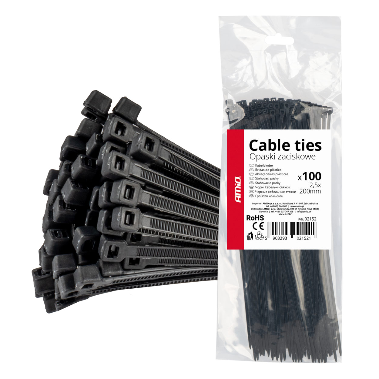 Taśmy opaski zaciskowe kablowe czarne 2,5x200mm - 100 szt. AMIO-02152 