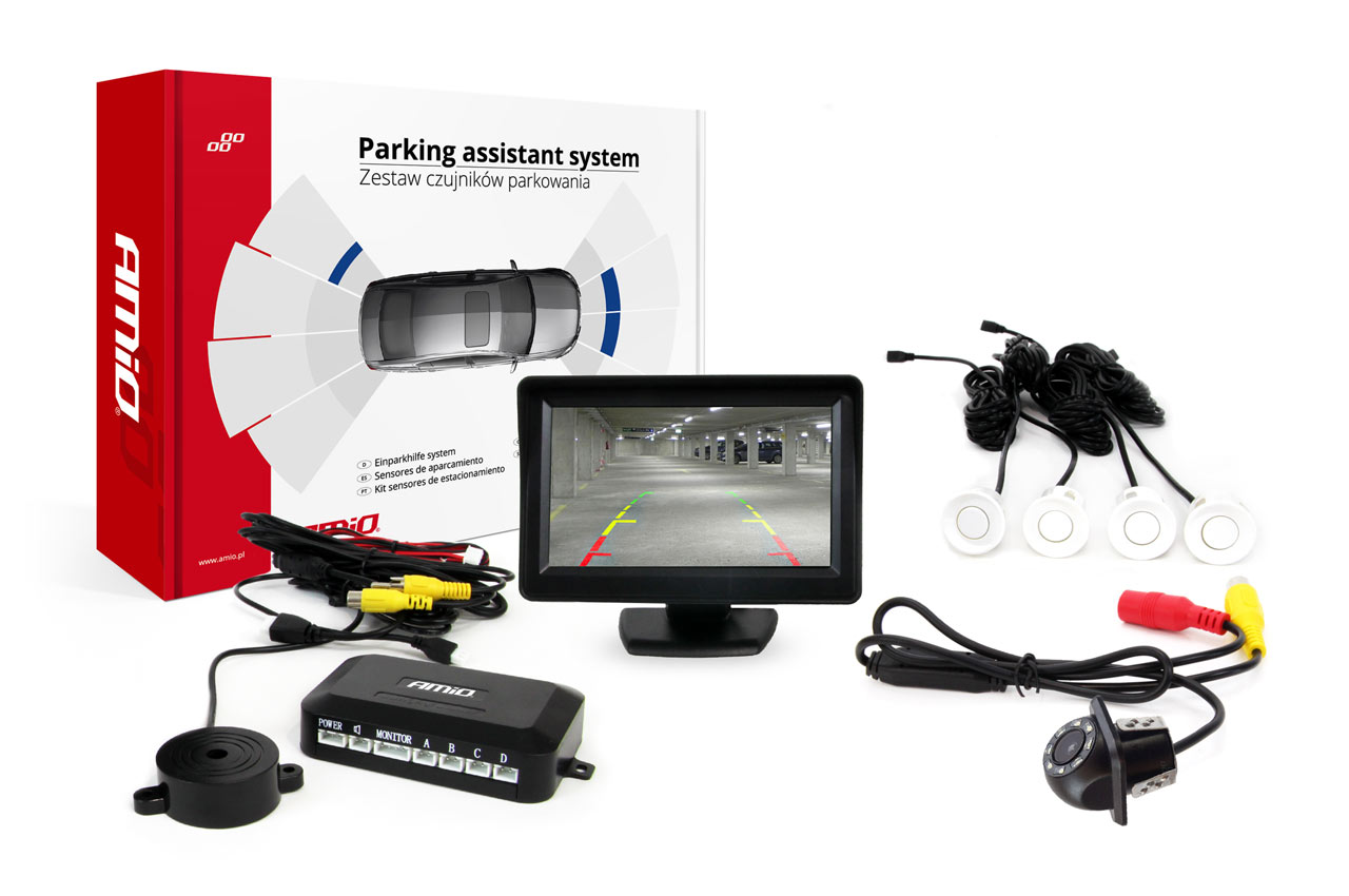Zestaw czujników parkowania TFT01 4,3 z kamerą HD-305 LED 4 sensory białe 
