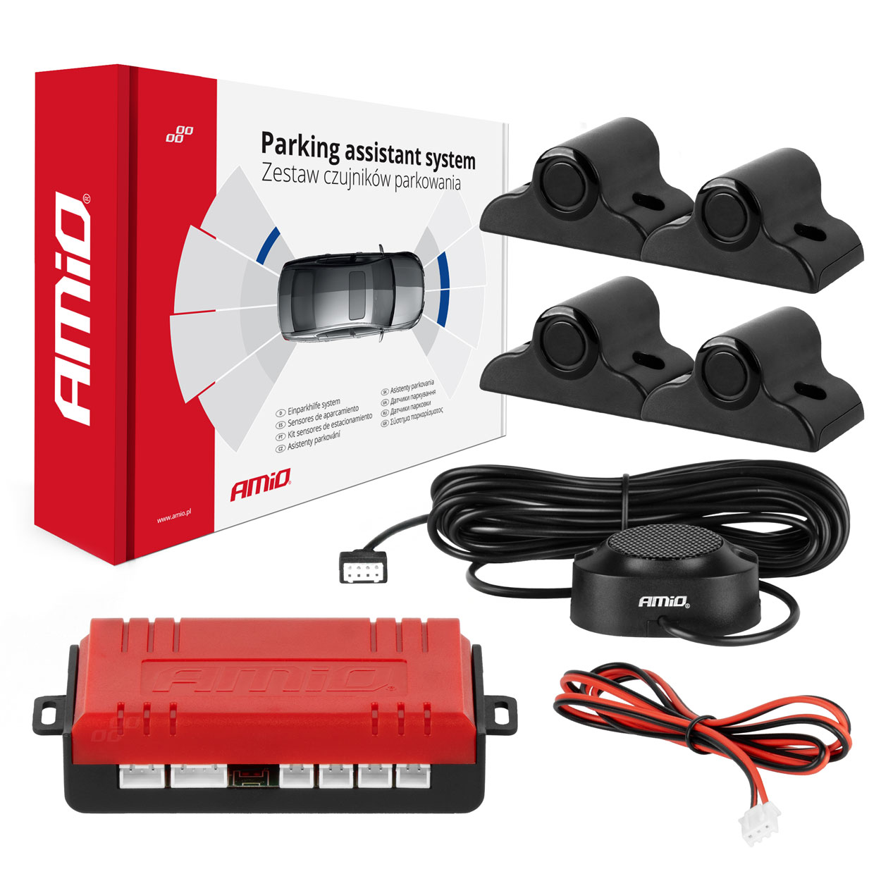 Zestaw czujników parkowania cofania Buzzer 4 sensory czarne TRUCK BUS 19 mm AMIO-02278 
