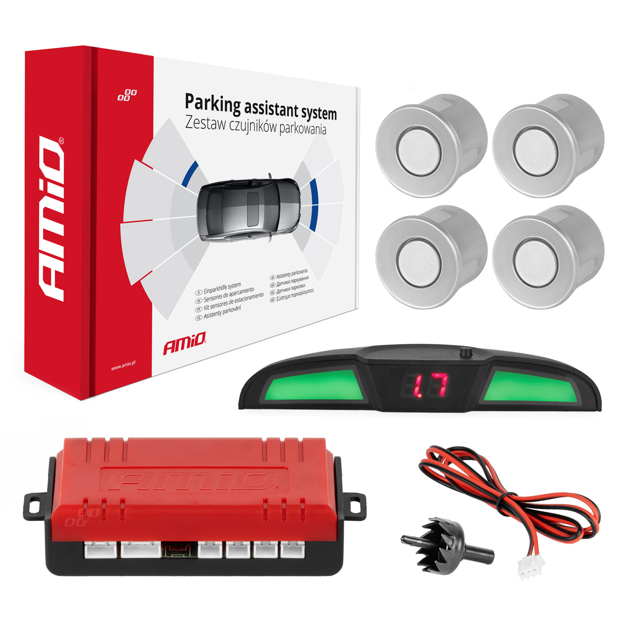 Zestaw czujników parkowania cofania LED COB 4 sensory srebrne AMIO-02282 