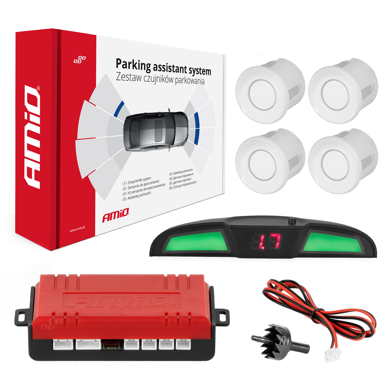 Zestaw czujników parkowania cofania LED COB 4 sensory białe AMIO-02283 