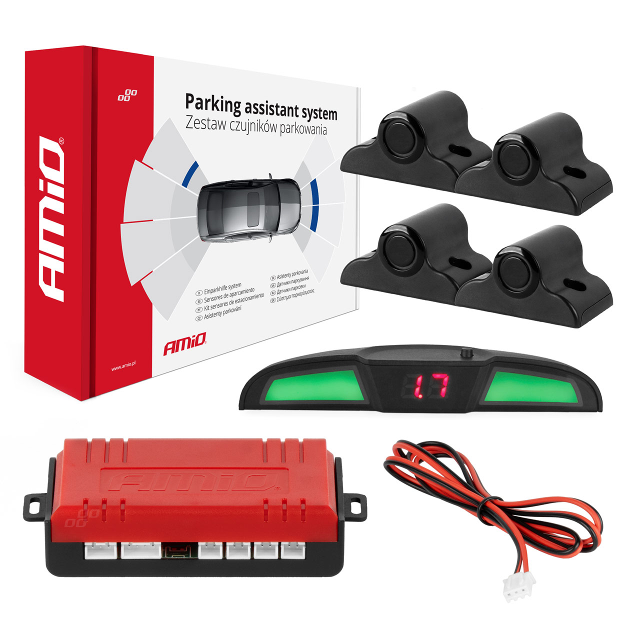 Zestaw czujników parkowania cofania LED COB 4 sensory czarne 19 mm TRUCK BUS AMIO-02286 