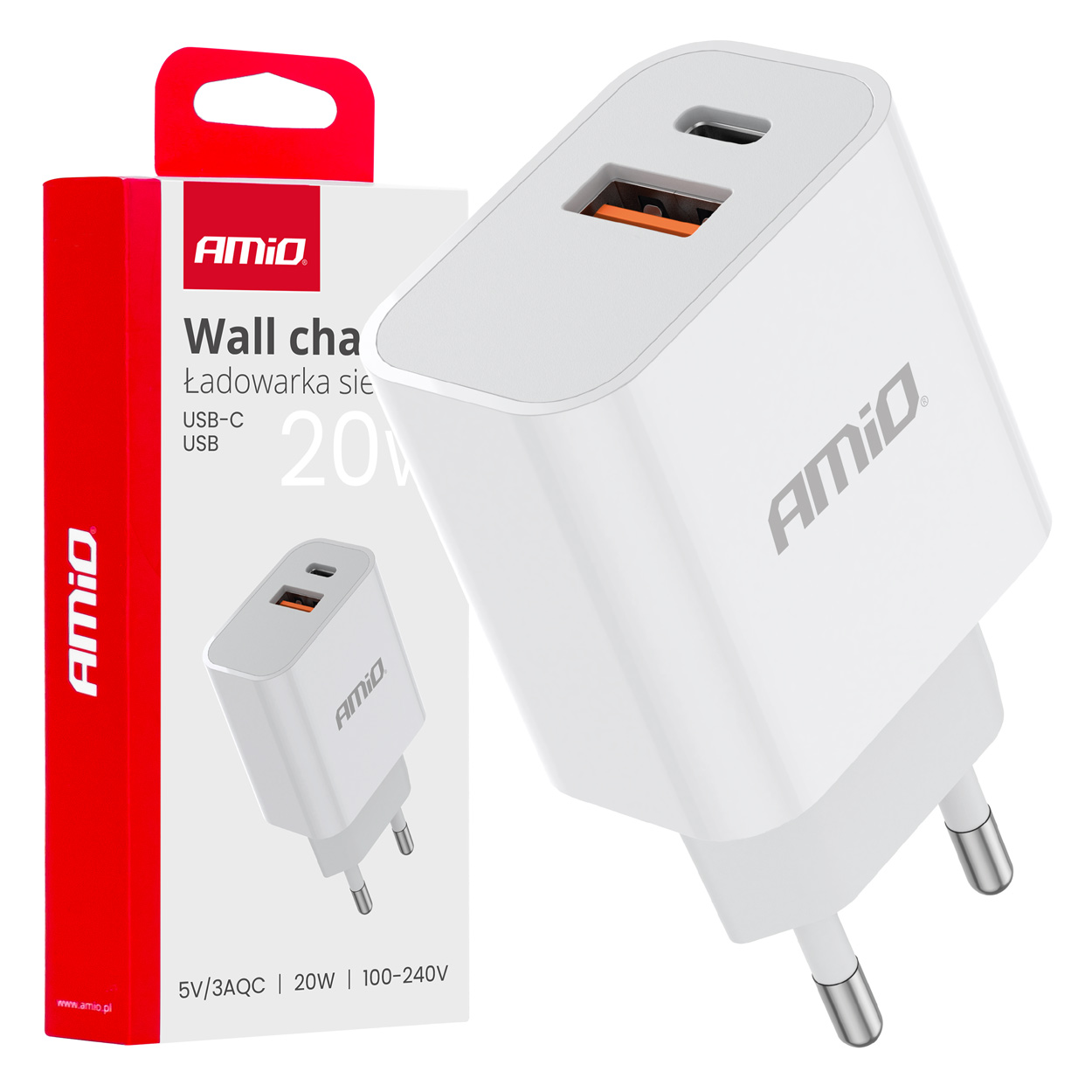 Ładowarka sieciowa PRO-09 USB + USB-C 20W Quick Charge 230V AMIO-02935 