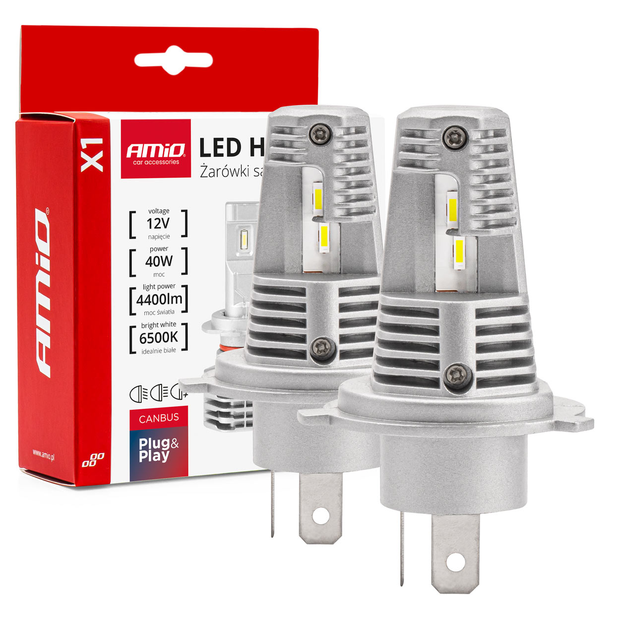 Żarówki samochodowe LED seria X1 H4/H19 6500K Canbus AMIO-02965 