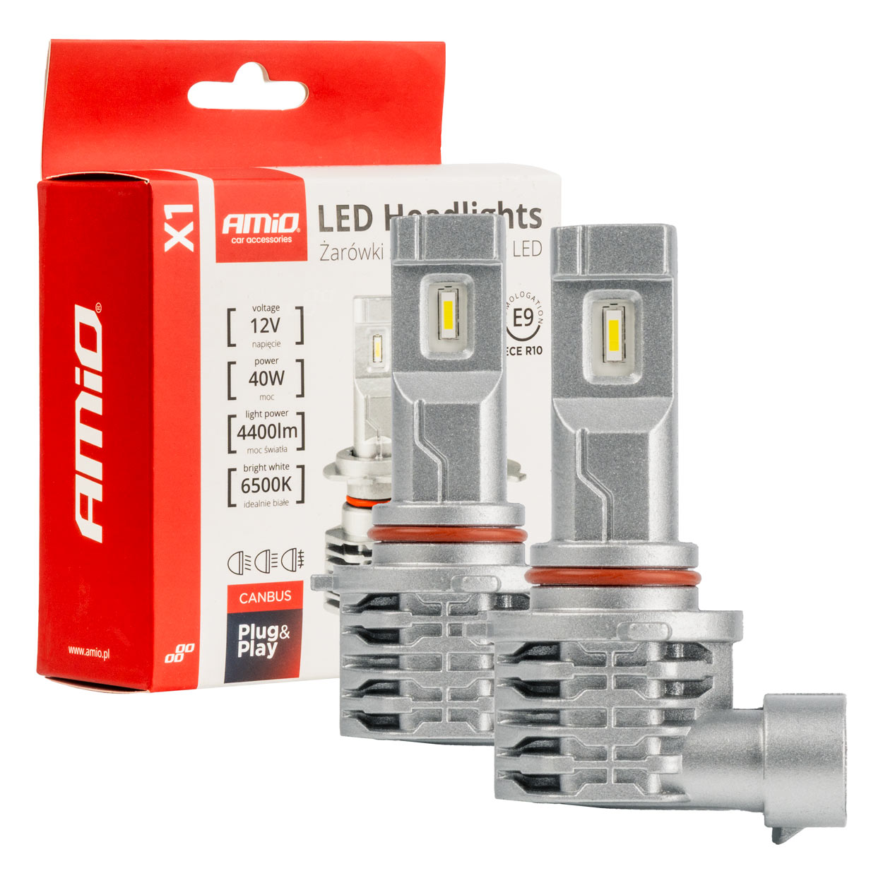 Żarówki samochodowe LED seria X1 HB3 9005/HIR1 9011/H10 6500K Canbus AMIO-02968 