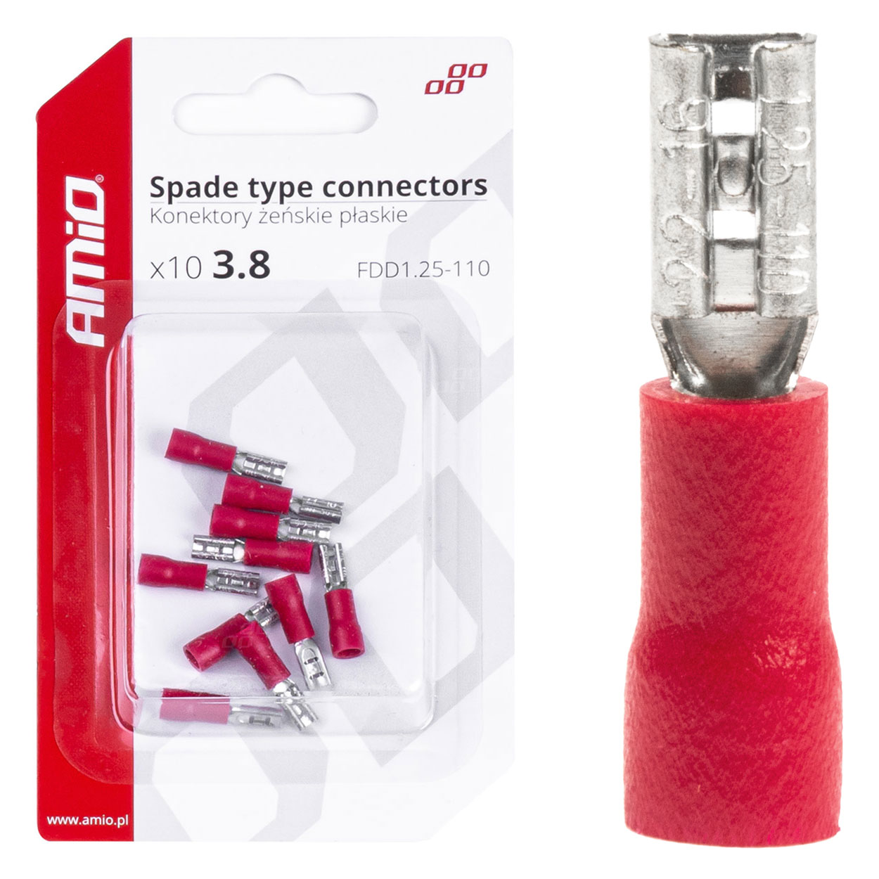 Konektory izolowane żeńskie płaskie 3.8mm 0.5-1.5mm2 10A 10 szt. AMIO-03060 