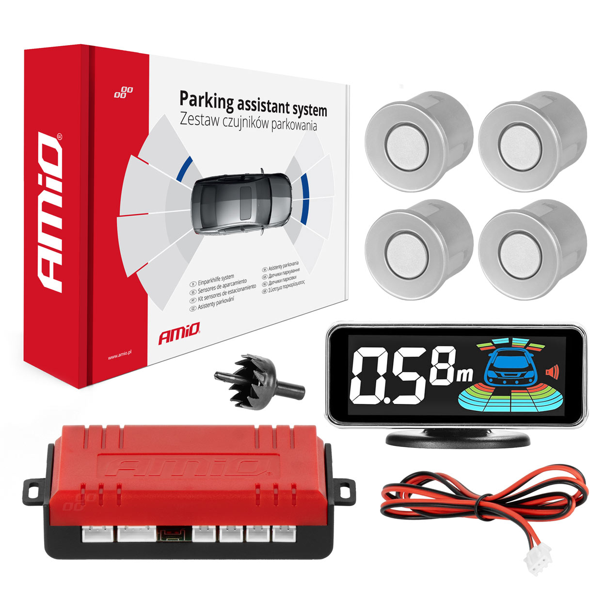 Czujniki parkowania cofania srebrne LED 3D AMIO-03187 