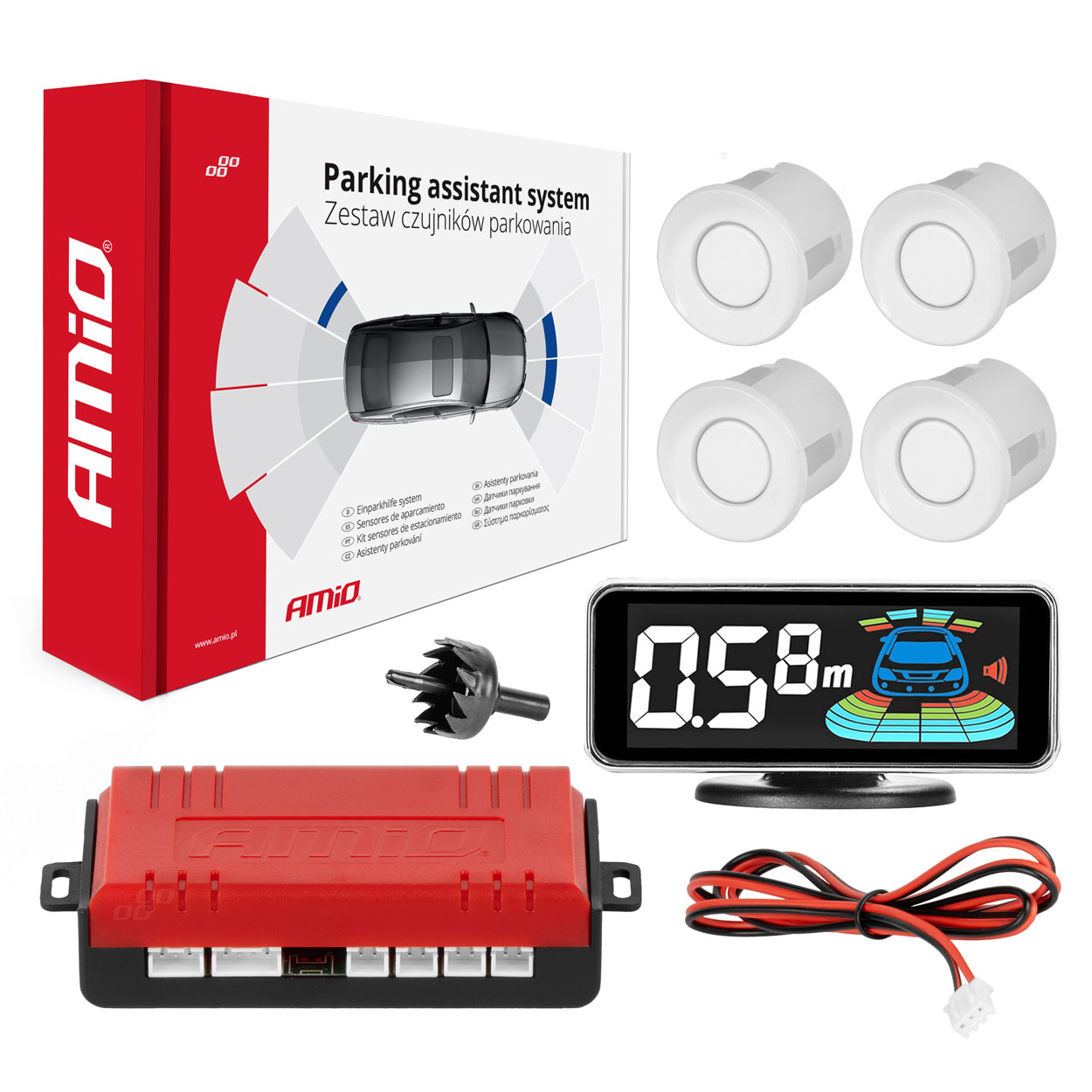 Czujniki parkowania cofania białe LED 3D AMIO-03188 