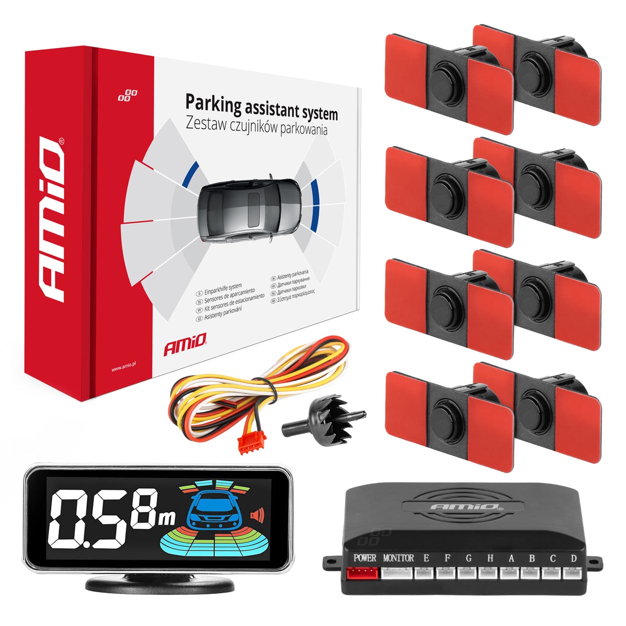 Czujniki parkowania cofania czarne wewnętrzne 16,5mm 8szt LED 3D AMIO-03196 