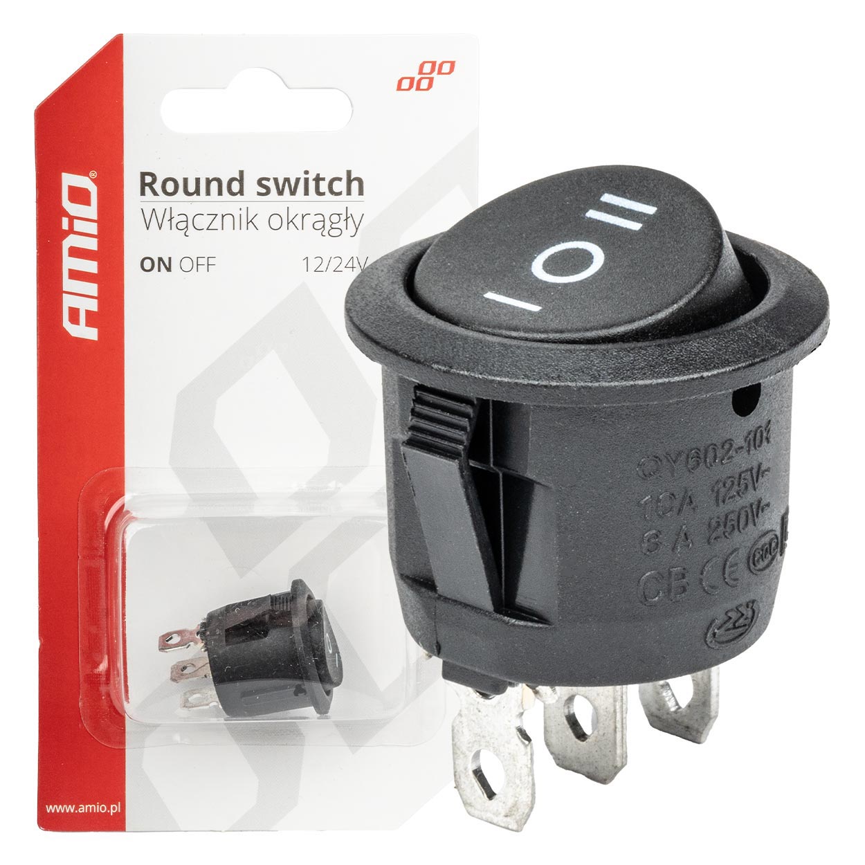 Włącznik przełącznik czarny okrągły 12V 230V BU03 AMIO-03614 