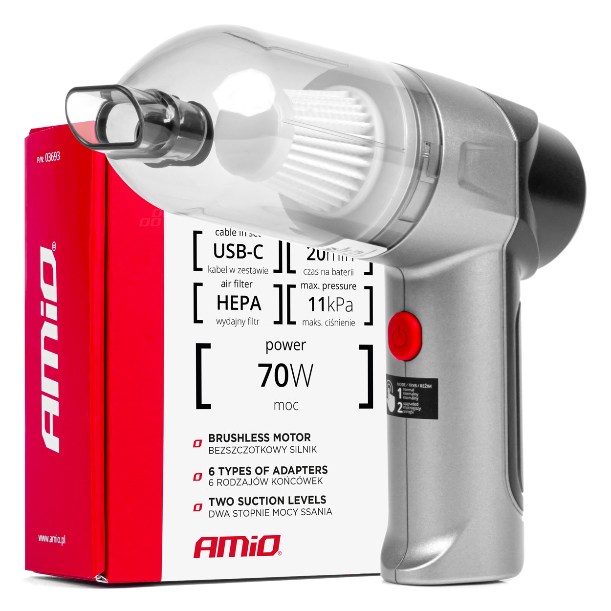 Odkurzacz samochodowy bezprzewodowy bezszczotkowy HEPA 70W 4000mAh AMIO-03693 