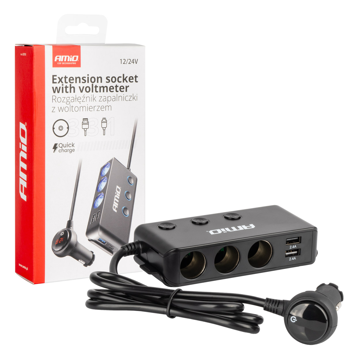 Rozdzielacz rozgałęźnik trójnik zapalniczki + woltomierz ładowarka USB USB-C 12V 24V AMIO-03781 