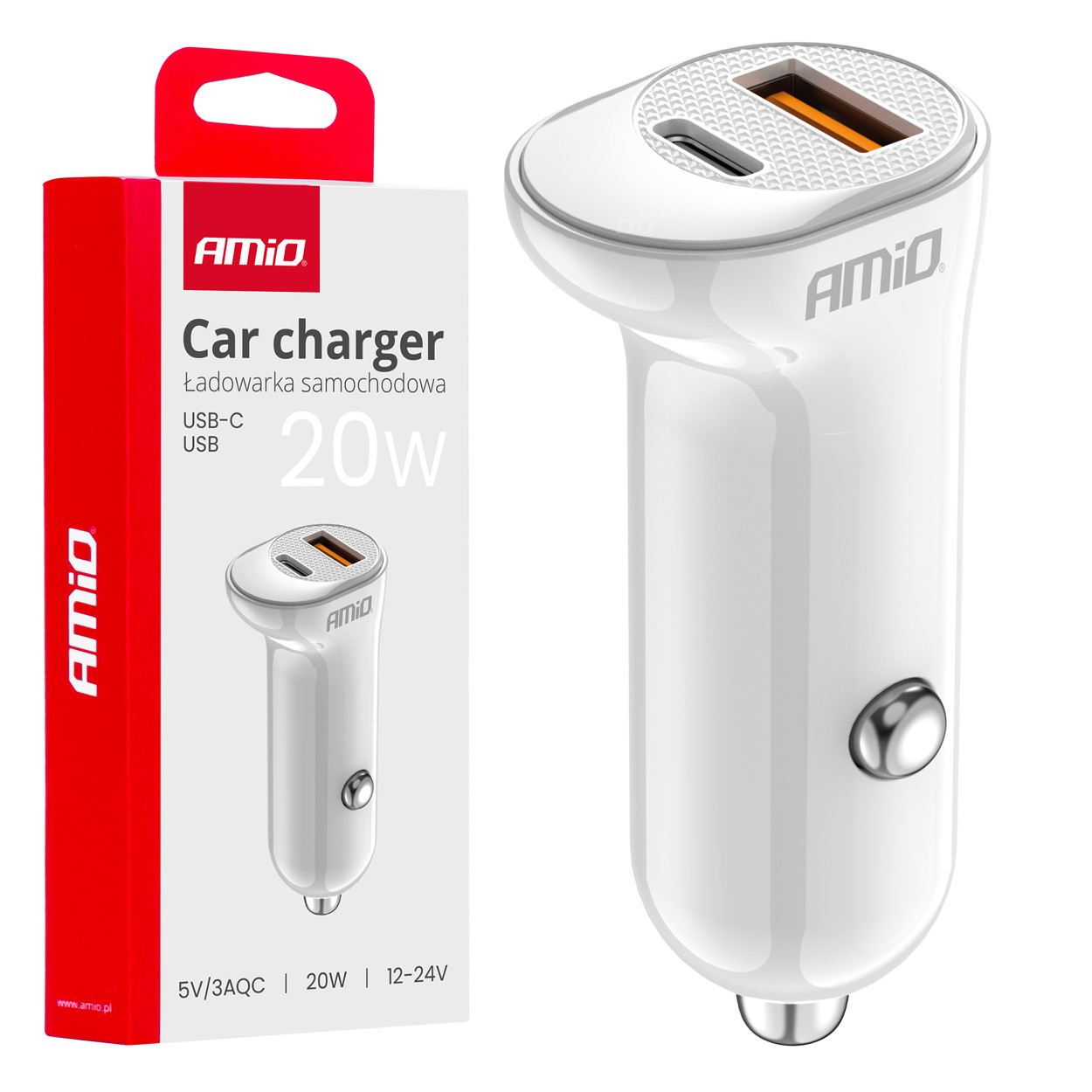Ładowarka samochodowa USB-A+ USB-C 20W AMIO-03875 