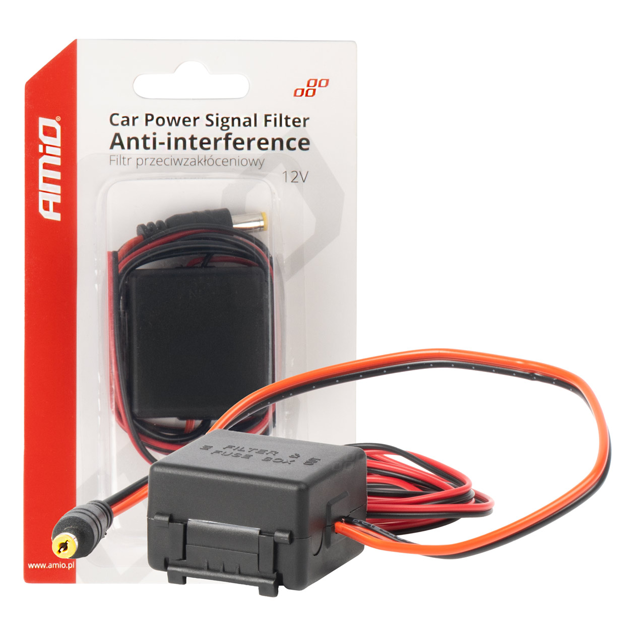 Samochodowy filtr przeciwzakłóceniowy z przetwornikiem DC-DC 12/24V-12V i wtyczką AMIO-04101 