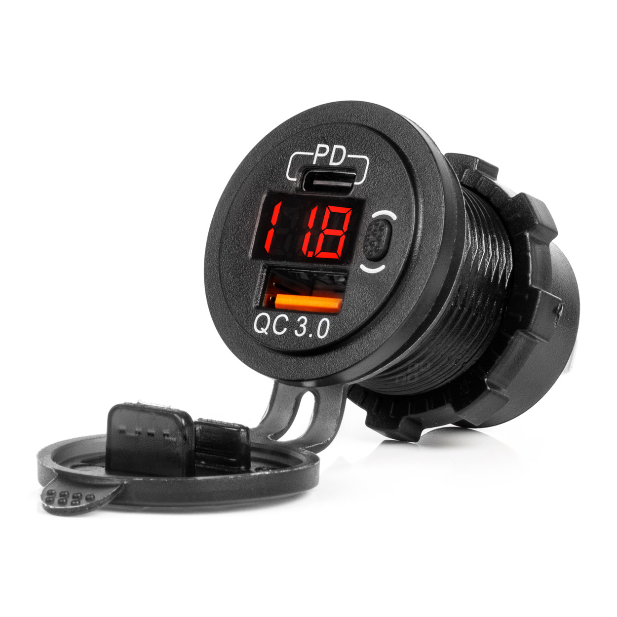 Ładowarka samochodowa z gniazdami USB i testerem napięcia wodoodporna z włącznikiem USB + USB C QC3.0 12/24V AMIO-04222 