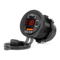 Ładowarka samochodowa z gniazdami USB i testerem napięcia wodoodporna z włącznikiem USB + USB C QC3.0 12/24V AMIO-04222 