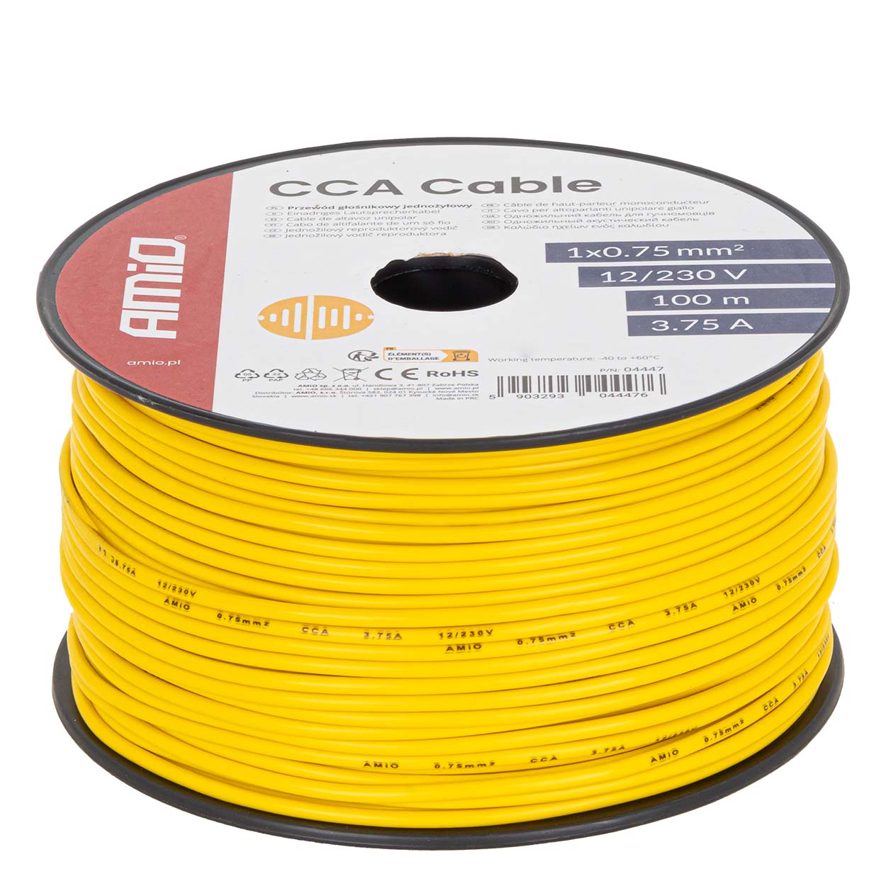 Przewód jednożyłowy żółty CCA 1x0.75mm2 100m 3.75A 12/230V AMIO-04447 