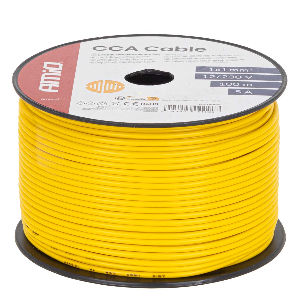 Przewód jednożyłowy żółty CCA 1x1mm2 100m 5A 12/230V AMIO-04448 