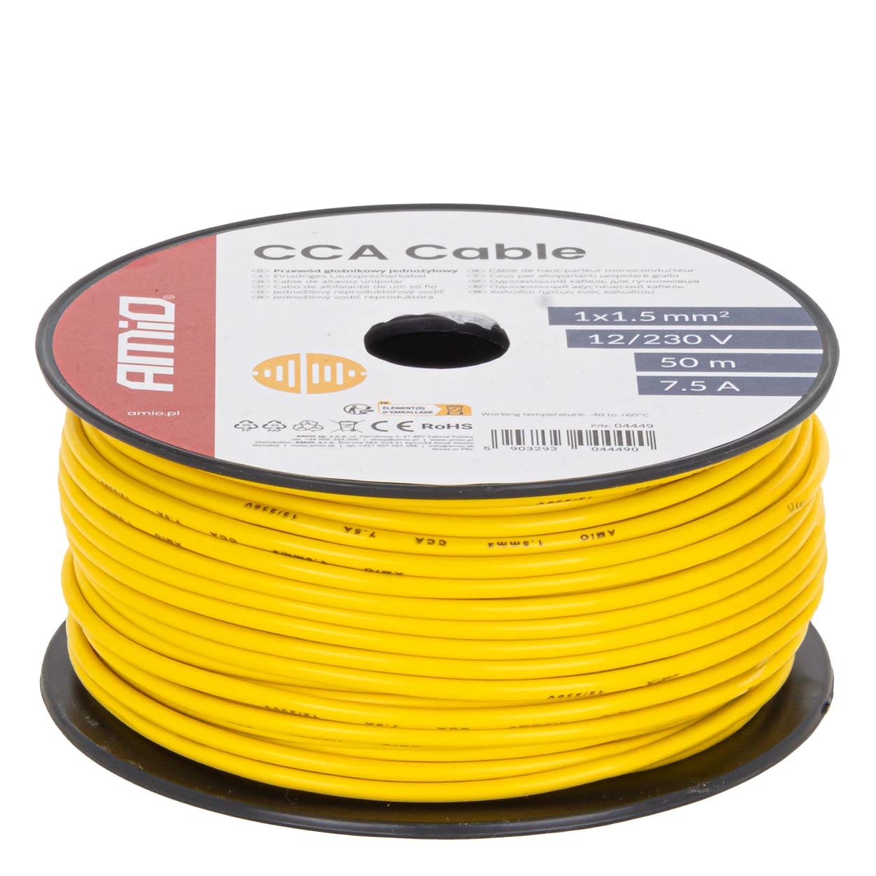 Przewód jednożyłowy żółty CCA 1x1.5mm2 50m 7.5A 12/230V AMIO-04449 