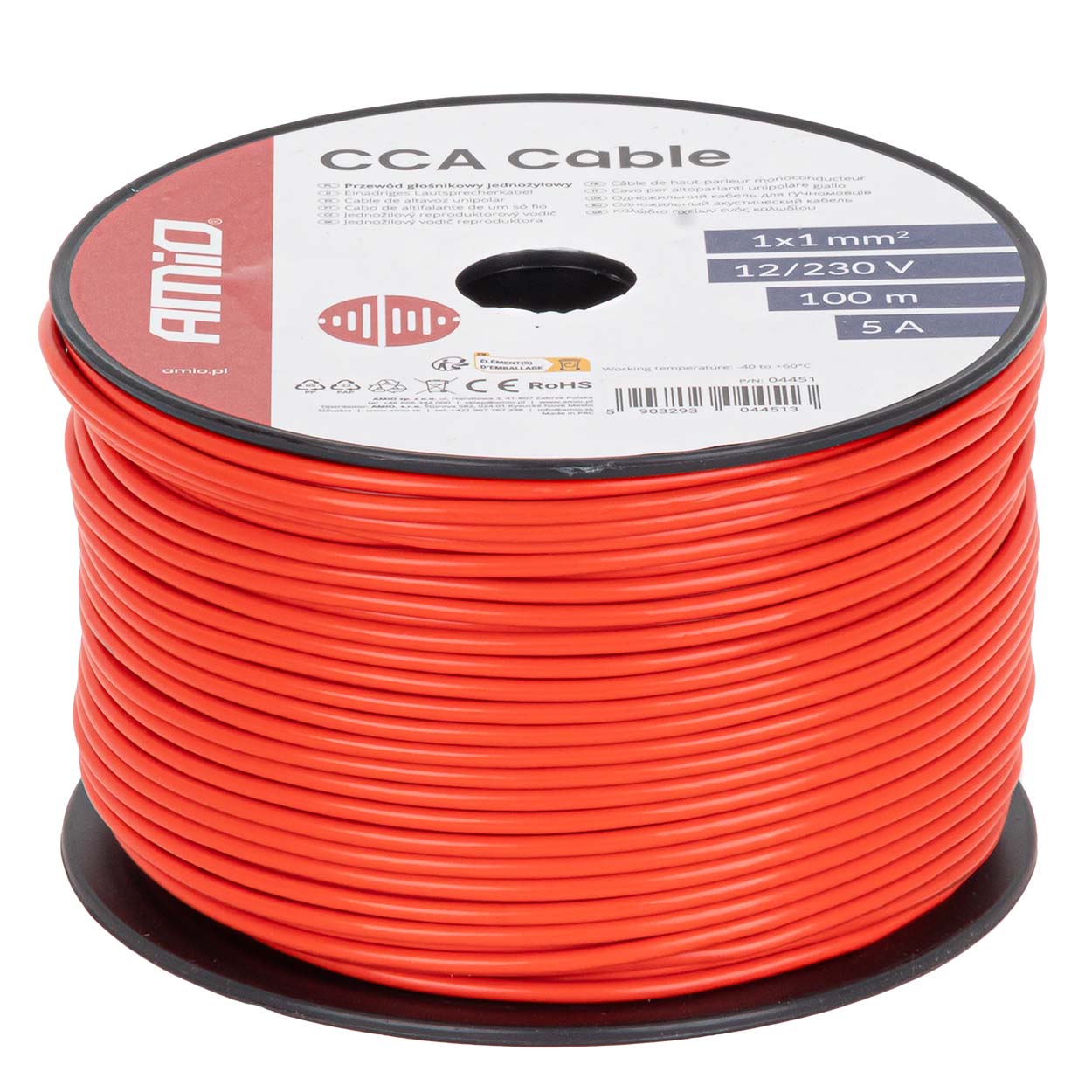 Przewód jednożyłowy czerwony CCA 1x1mm2 100m 5A 12/230V AMIO-04451 