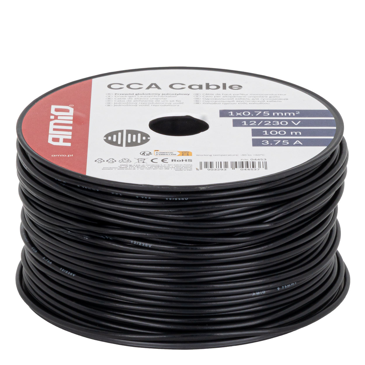 Przewód jednożyłowy czarny Cable CCA 1x0.75mm2 100m 3.75A 12/230V AMIO-04453 