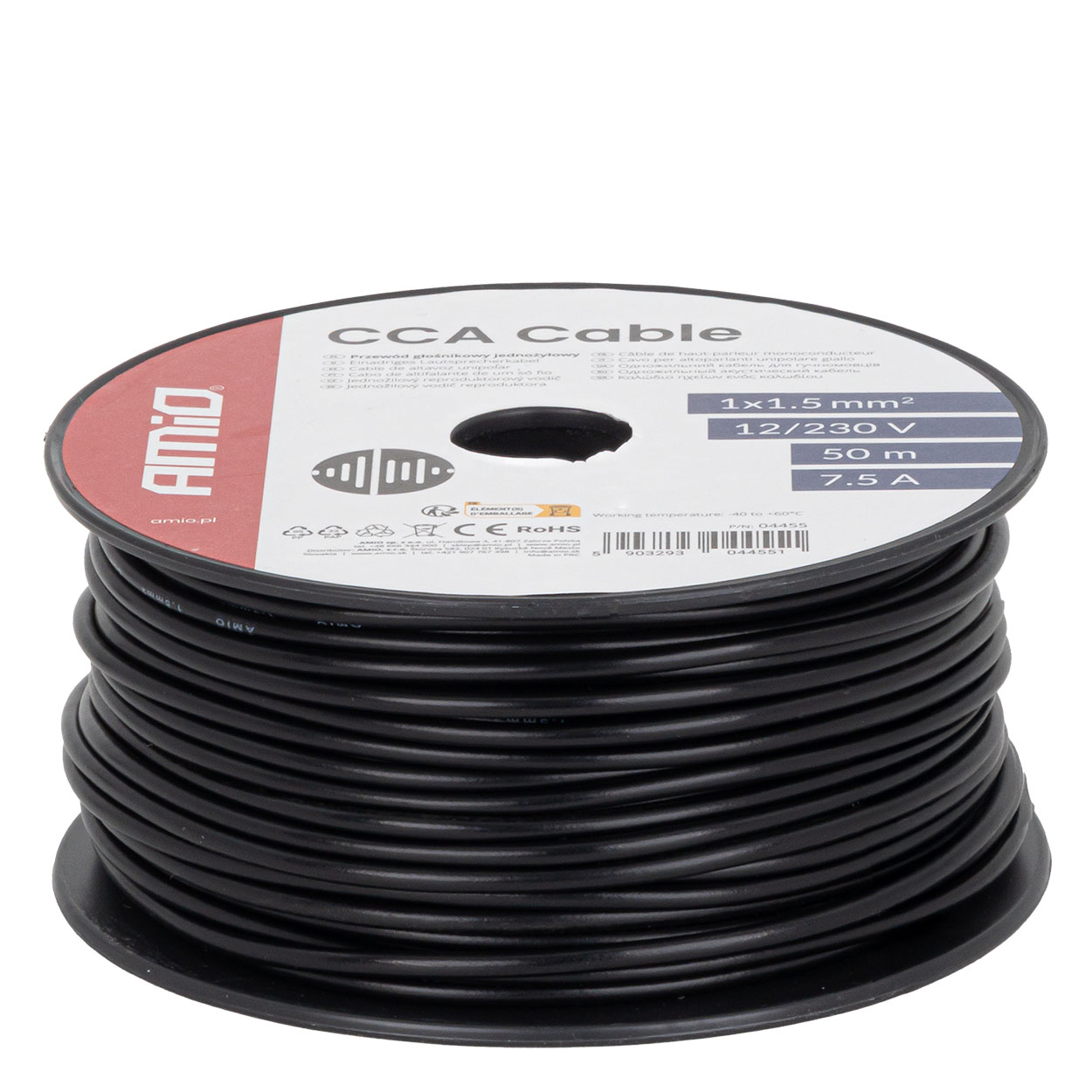 Przewód jednożyłowy czarny CCA 1x1.5mm2 50m 7.5A 12/230V AMIO-04455 