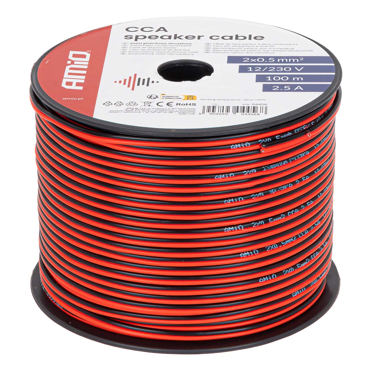 Kabel głośnikowy dwużyłowy CCA 2x0.5mm2 100m 2.5A AMIO-04456 