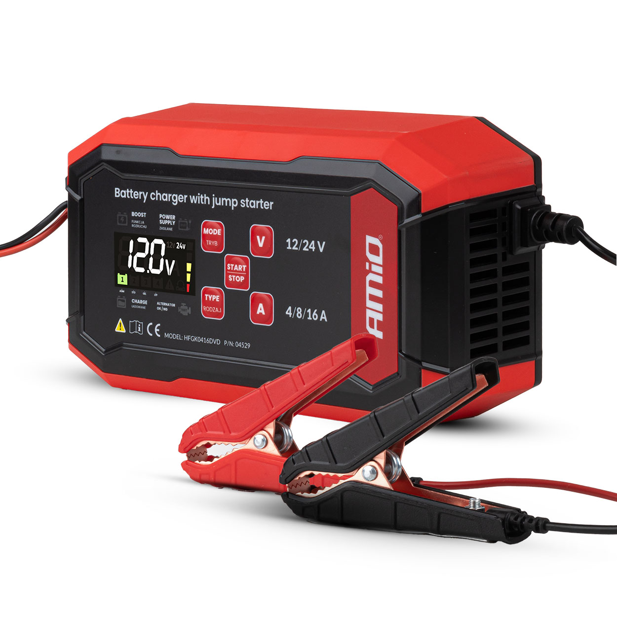 Prostownik cyfrowy z wspomaganiem rozruchu AGM GEL STD LFP MAX 16A 12V 24V PRO AMIO-04529 
