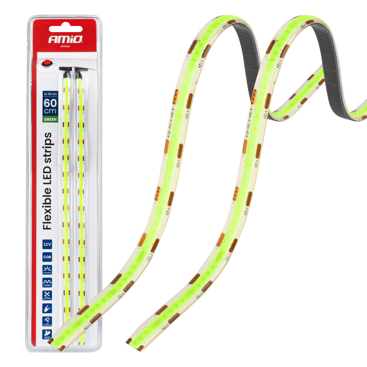 Paski LED COB do samochodu zielone 2x30cm 12V AMIO-04573 