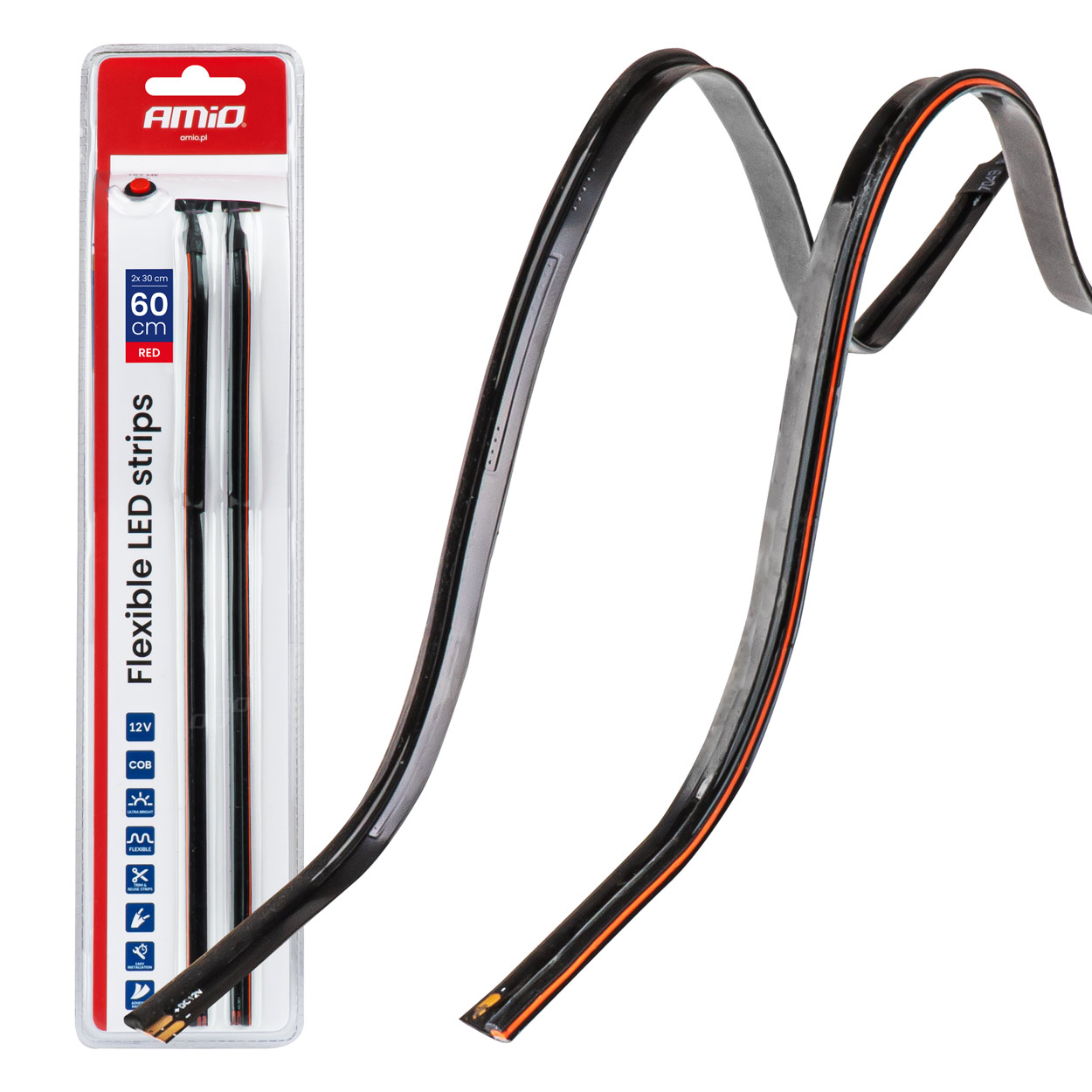 Paski LED do samochodu boczne czerwone 2x30cm 12V AMIO-04576 