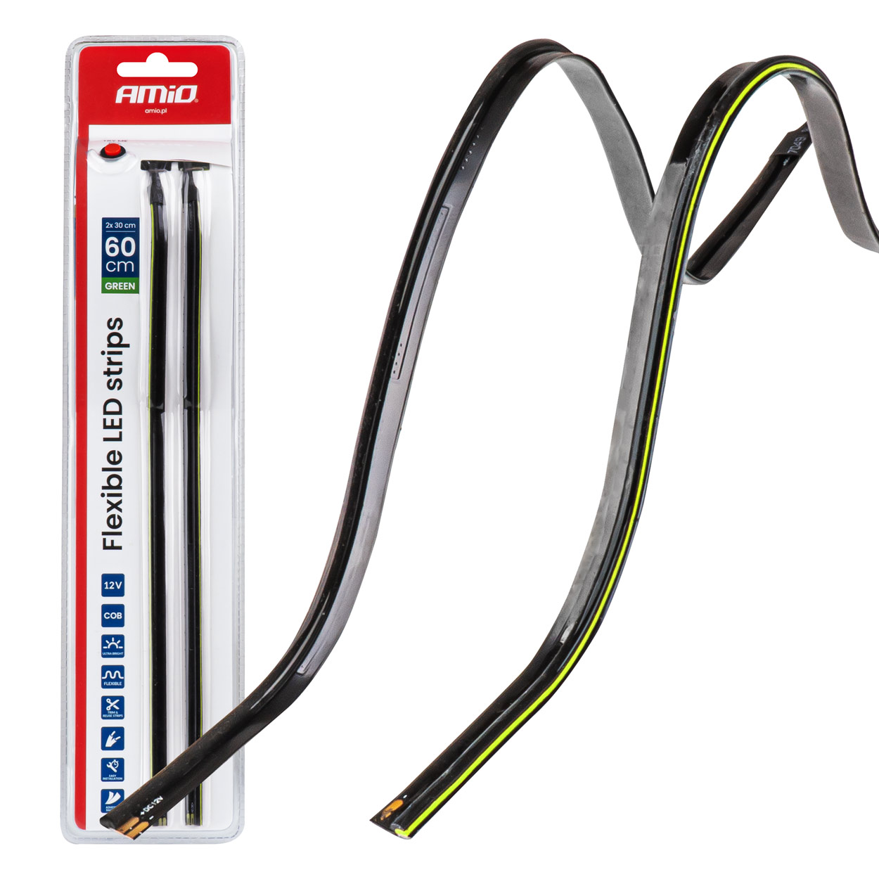 Paski LED COB do samochodu boczne zielone 2x30cm 12V AMIO-04577 