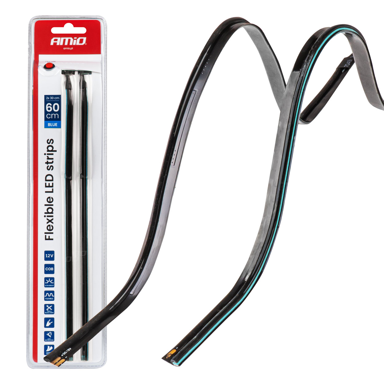 Paski LED COB do samochodu boczne niebieskie 2x30cm 12V AMIO-04578 