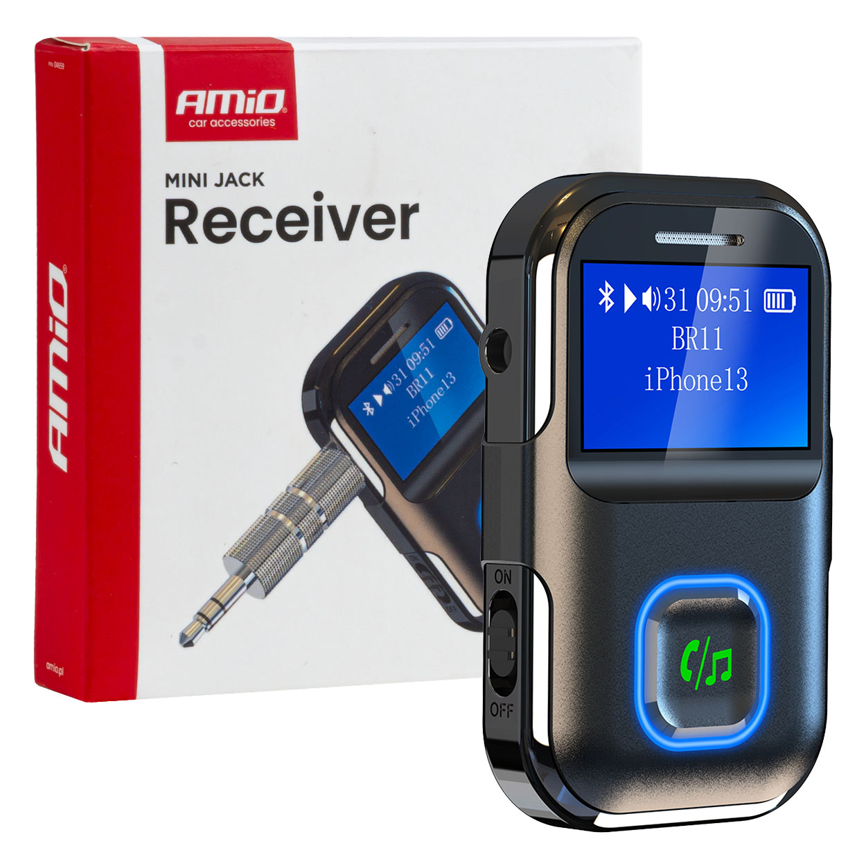 Odbiornik bluetooth na mini jack LCD AUX AMIO-04659 