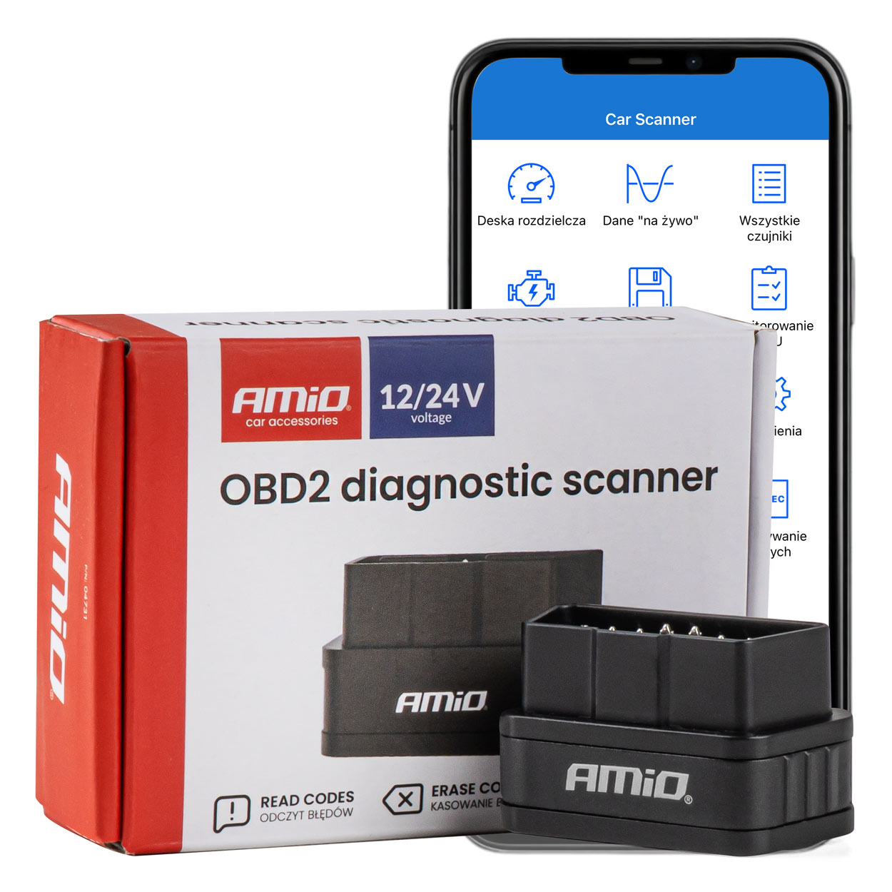Skaner tester interfejs diagnostyczny AMiO OBD2 BT PIC25K80 DC24K AMIO-04731 