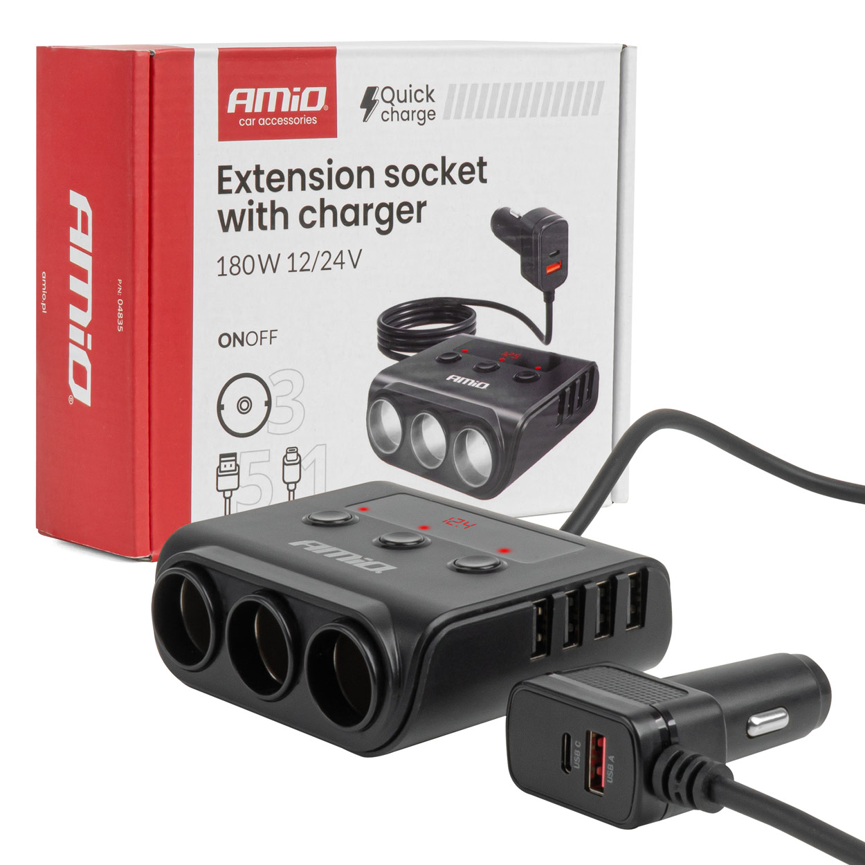 Rozgałęźnik gniazda zapalniczki z ładowarką 4xUSB-A QC3.0 PD 3.0 180 W AMIO-04835 