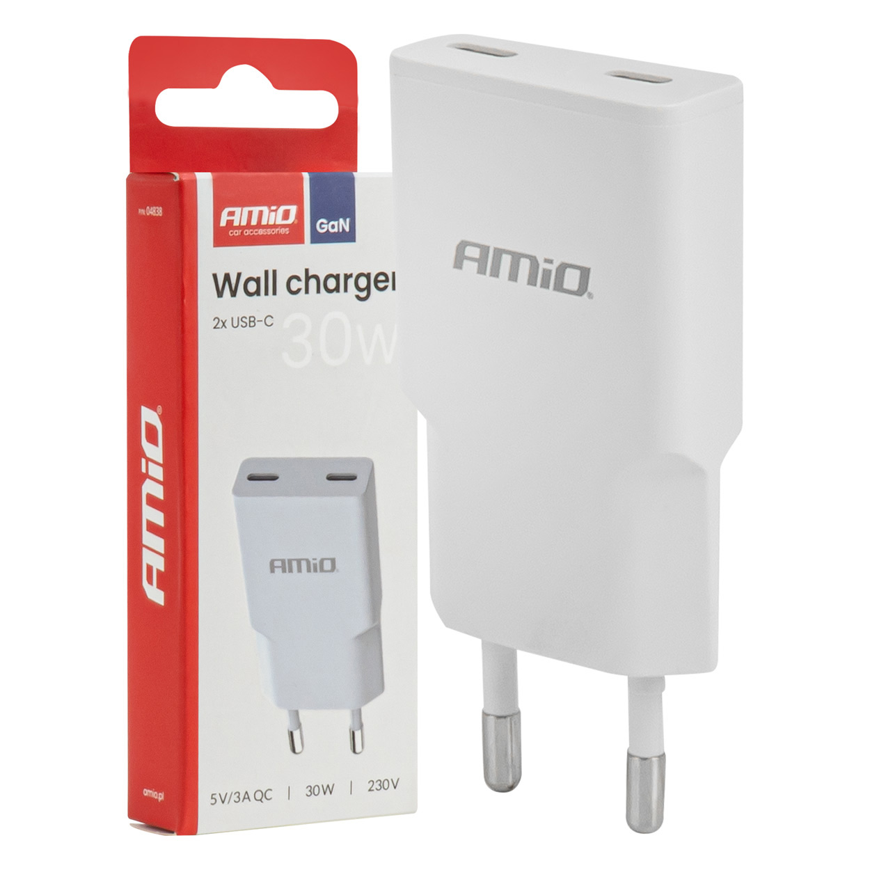 Ładowarka sieciowa 230V 30W GaN 2xUSB-C AMIO-04839 