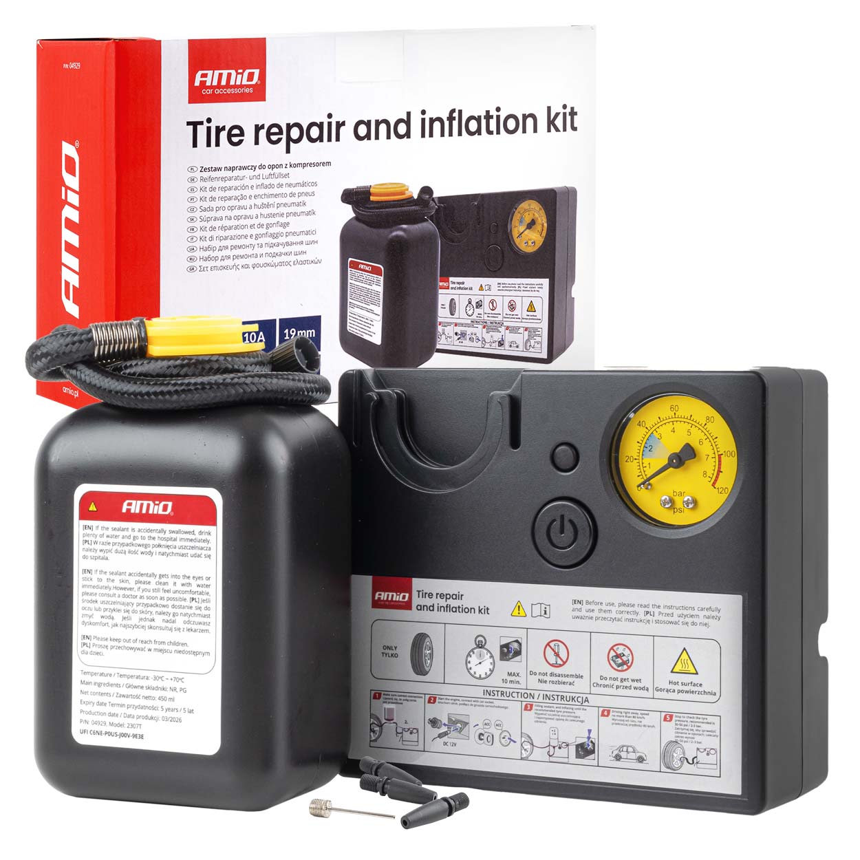 Zestaw naprawczy do opon z kompresorem 19mm 12V AMIO-04929 
