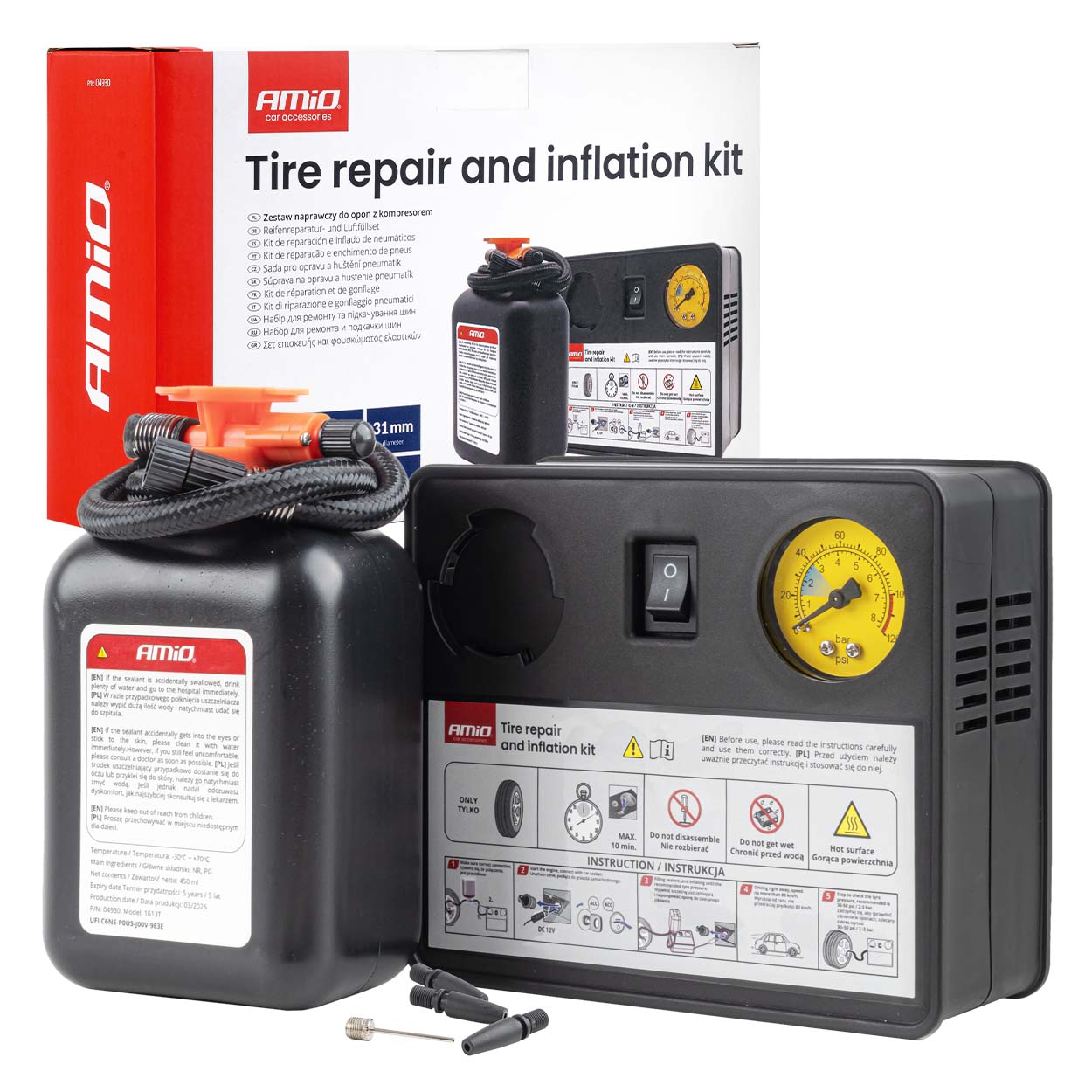 Zestaw naprawczy do opon z kompresorem 31mm 12V AMIO-04930 