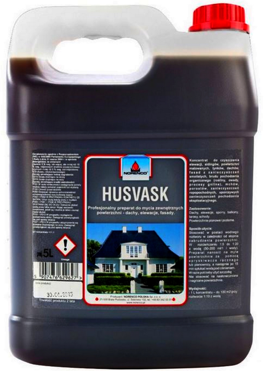 NORENCO HUSVASK KONCENTRAT DO MYCIA ELEWACJI, DACHÓW, TARASÓW Silnie Skuteczny w Działaniu Rewelacyjny Preparat do Mycia Elewacji, Dachów, Tarasów, Balkonów, Sidingów, Schodów. Czyści Zabrudzenia Organiczne, Smoliste oraz pochodzenia atmosferycznego.