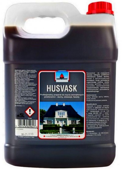 NORENCO HUSVASK KONCENTRAT DO MYCIA ELEWACJI, DACHÓW, TARASÓW Silnie Skuteczny w Działaniu Rewelacyjny Preparat do Mycia Elewacji, Dachów, Tarasów, Balkonów, Sidingów, Schodów. Czyści Zabrudzenia Organiczne, Smoliste oraz pochodzenia atmosferycznego.