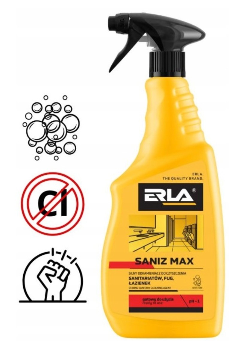 ERLA SANIZ MAX 750ml MOCNY PŁYN DO SANITARIATÓW, TOALET, PŁYTEK, KABIN ERLA SANIZ MAX 750ml STRONG SANITARY, TOILET, TILE, CABIN CLEANING LIQUID